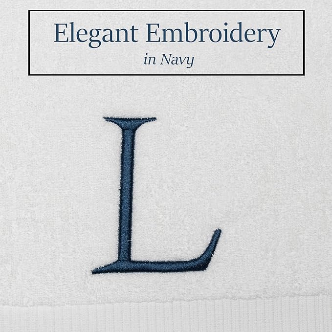 Monogrammed Hand Towels for Bathroom - Luxury Hotel Quality Personalized Initial Decorative Embroidered Bath Towel for Powder Room, Spa - GOTS Organic Certified - Set of 2 Navy Letter L