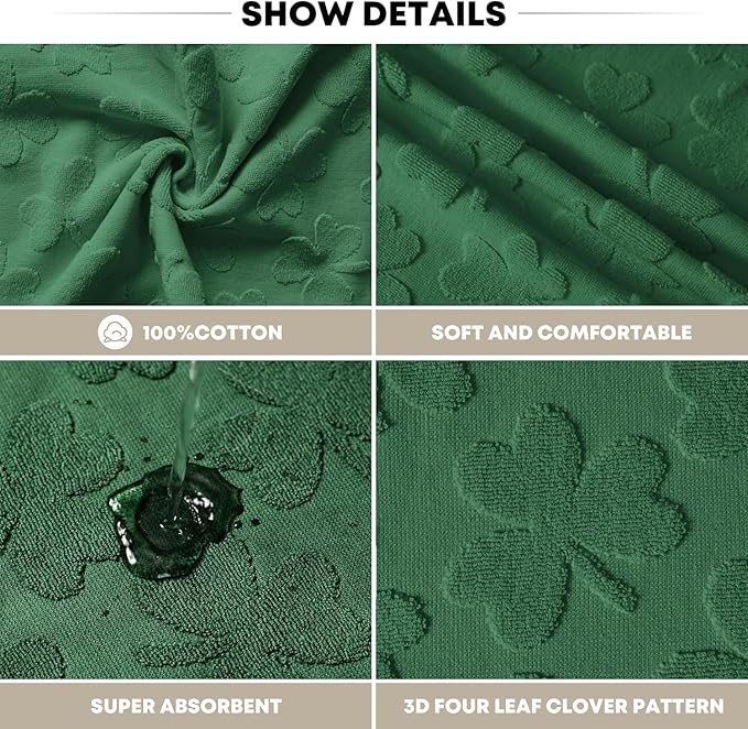 Artoid Mode 1 Pc Dark Green 3D Shamrock Jacquard Patrick Hand Towels for Bathroom, 100% Cotton Soft Absorbent Bathroom Decor Towels, 13.7 x 29.5 Inch