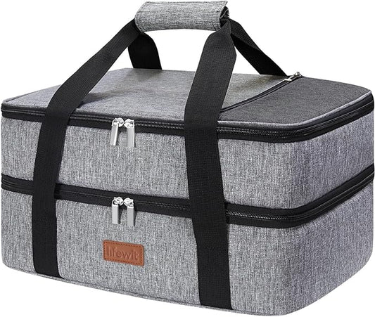 Lifewit Double Decker Insulated Casserole Carrier for Hot or Cold Food, Casserole Dish Carrying Case, Lasagna Holder for Potluck Parties/Picnic/Cookouts, Fits 9"x13" Baking Dish, Grey