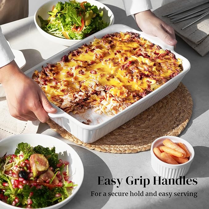 DOWAN Casserole Dishes for Oven, Baking Dishes Set, Ceramic Bakeware Sets of 3, Lasagna Pan Deep, Rectangular Baking Pan Set with Handles for Baking, Casserole, Kitchen, Wedding Gift, Soft White (15.6''/12.2''/8.9'')