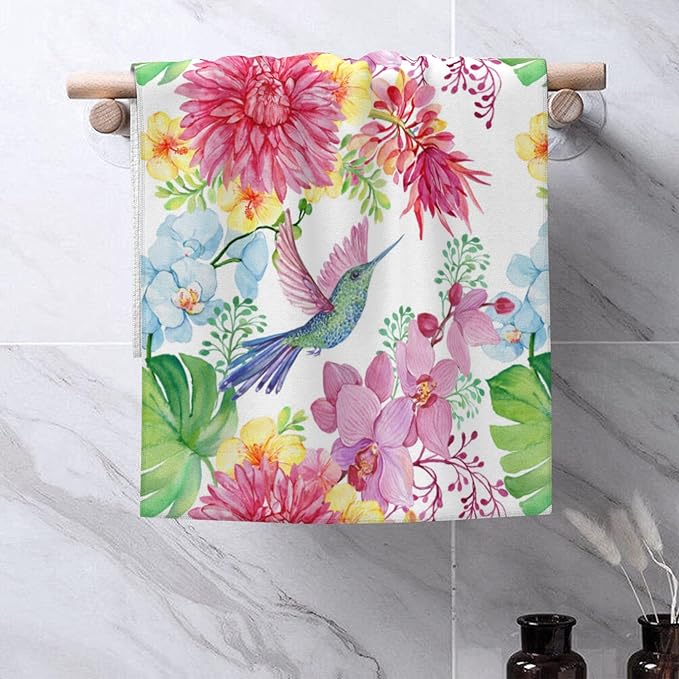 Hand Towels Set of 2 Hummingbird and Flowers Towels for Bathroom Soft Absorbent Decorative Hand Bath Towels Dish Towels for Kitchen Sports Gym Yoga Home Decor 14 x 28 in