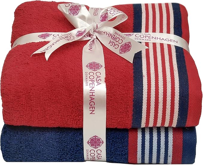 CASA COPENHAGEN He & She 6 Pieces Towel Set- American Blue + Red, 550 GSM 2 Bath Towel 2 Hand Towel 2 Washcloth, Designed in Denmark Made of Soft Egyptian Cotton for Bathroom, Kitchen & Shower