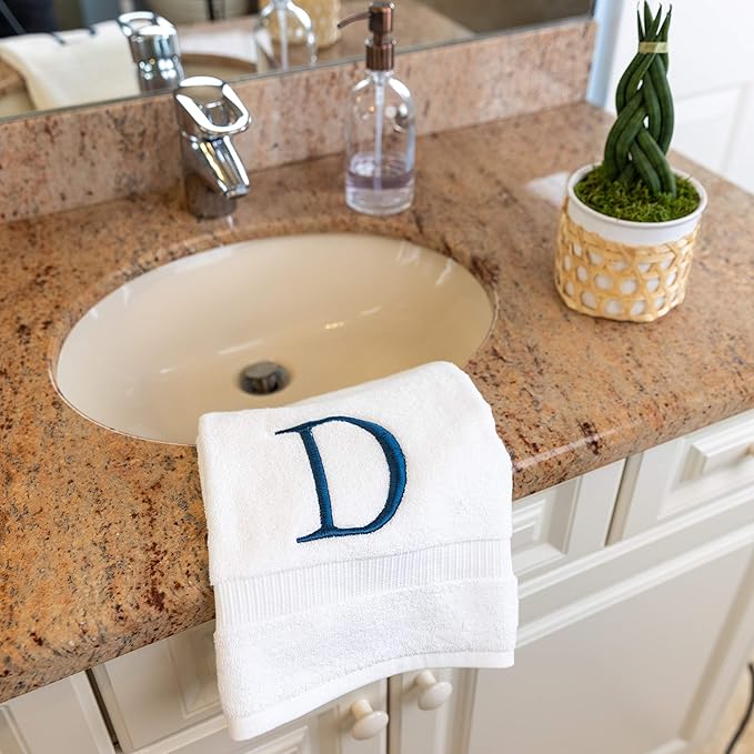 Monogrammed Hand Towels for Bathroom - Luxury Hotel Quality Personalized Initial Decorative Embroidered Bath Towel for Powder Room, Spa - GOTS Organic Certified - Set of 2 Navy Letter D