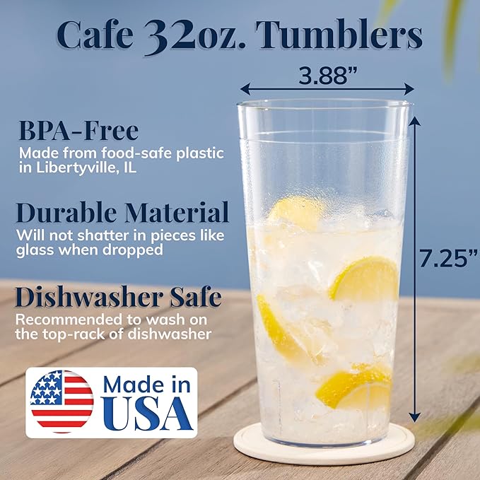 US Acrylic Café Plastic Reusable Tumblers (Set of 12) 32-ounce Iced-Tea Cups Clear | Value Set of Restaurant Style Drinking Glasses, Stackable, BPA-free, Made in the USA | Top-rack Dishwasher Safe