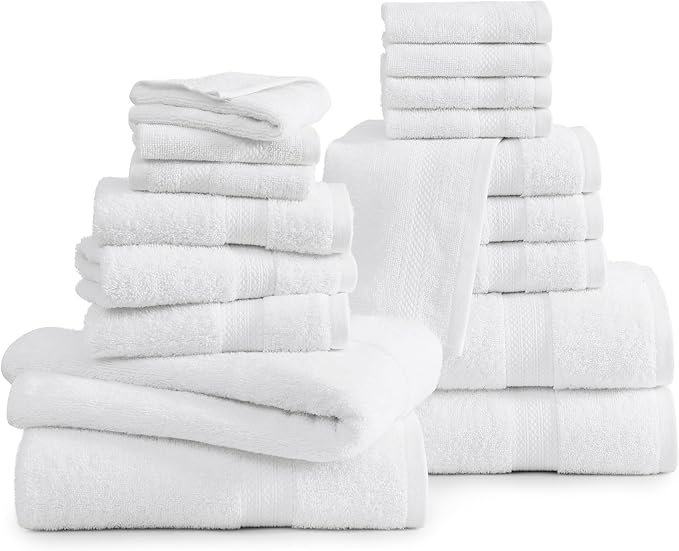 LANE LINEN 100% Cotton Luxury White Bath Towels - 18 Pieces, Ring-Spun Technology - 4 Bath, 8 Washcloths, 6 Soft Hand Towels, Machine Washable, Remains Soft & Absorbent Even After Multiple Washes
