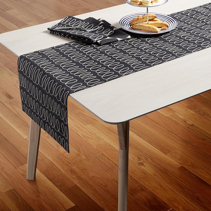 Kate Spade New York in The Loop & Joy Dot Reversible Table Runner, 100% Cotton, Machine Washable, Black/Beige, 15"x72"