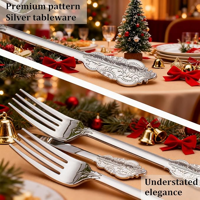 WDF 100 Piece Silver Forks Disposable - 7.48 Inch Silver Plastic Forks - Baroque Silverware for Dessert Cake - Heavy Duty Plastic Fork for Christmas Party, Wedding or Daily Using