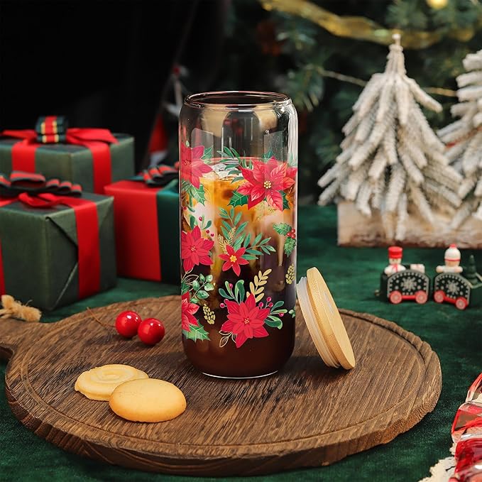 Joeyan Christmas Glass Cups with Lids and Straws,20 oz Iced Coffee Tumbler with Red Poinsettia flower Patterns,Cute Can Shaped Beer Drinking Glasses,Holiday Gifts for Women Mom Friend