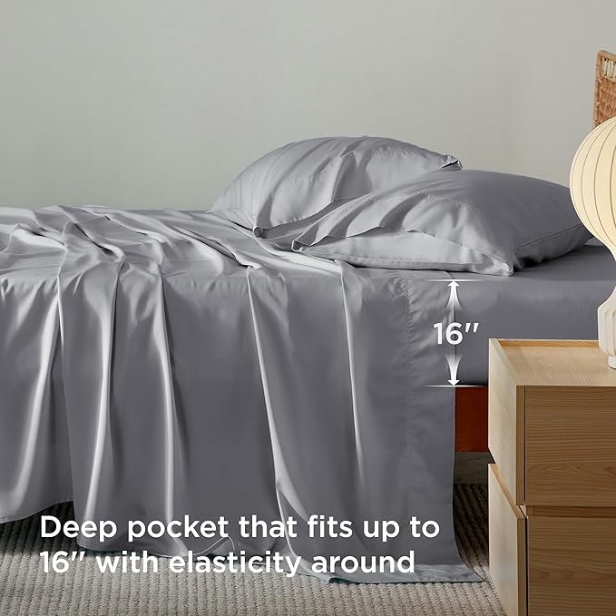 Bedsure Cooling Sheets Twin XL, Rayon Derived from Bamboo, Breathable & Soft Twin XL Sheet Sets, Deep Pocket Up to 16 Inches, Hotel Luxury Silky Dorm Bedding for Hot Sleepers, Silver Grey