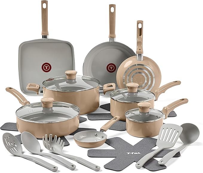 T-Fal Refresh Ceramic Nonstick Cookware Set, 20-Piece, Oven Safe to 350°F, Stockpot, Ceramic Pots and Pans Set, Frying Pans, Griddle, Utensils, Sand Beige