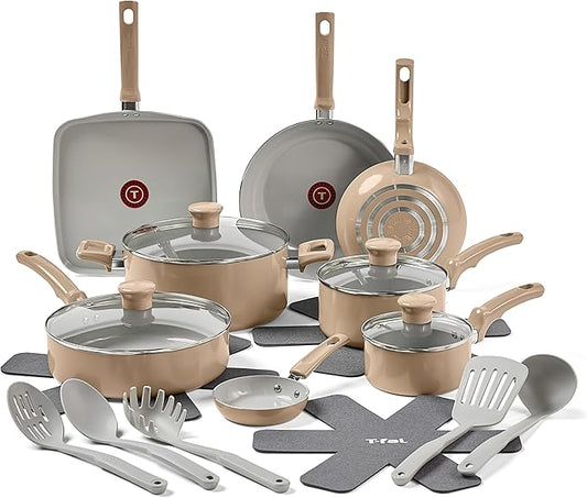T-Fal Refresh Ceramic Nonstick Cookware Set, 20-Piece, Oven Safe to 350°F, Stockpot, Ceramic Pots and Pans Set, Frying Pans, Griddle, Utensils, Sand Beige
