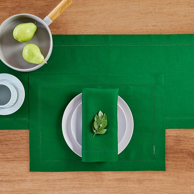 Solino Home Linen Table Runner 60 Inches - 100% Pure Linen Garden Green Hemstitch Table Runner 14 x 60 Inch Ideal for Dresser and Coffee Tables - Classic Hemstitch - Winter, New Year