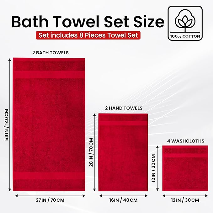 Infinitee Xclusives Luxury 100% Cotton Towel Set – 8 Piece Bathroom Towel Set (2 Bath Towels, 2 Hand Towels, 4 Washcloths) – Soft & Absorbent Towels for Bathroom (Intimate Red)