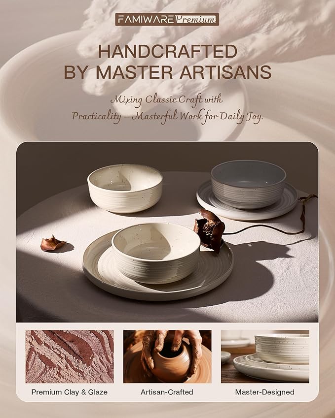 Stoneware Dinnerware Sets, Plate and Bowl Sets for 4, 12 Pieces Spiral Flared Dishware Set with Speckles & Reactive Glaze - Microwave and Dishwasher Safe Tableware, Shell Beige