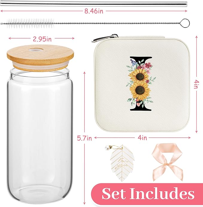 AYGXU Small Travel Jewelry Case, Portable Jewelry Box, Organizer Storage Holder Boxes, Iced Coffee Cute Tumbler Cup, Bamboo Lids for Glass Cups, Teacher Gifts for Women, Initial I White