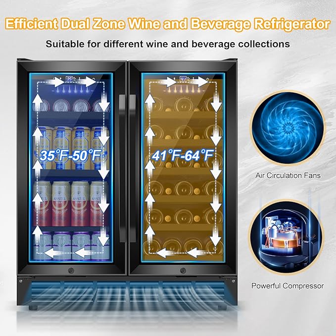 30 Inch Wine and Beverage Refrigerator Black- Dual Zone Beverage Fridge Under Counter/Freestanding Drink and Beer Fridge Built-In Home Kitchen Bar or Office