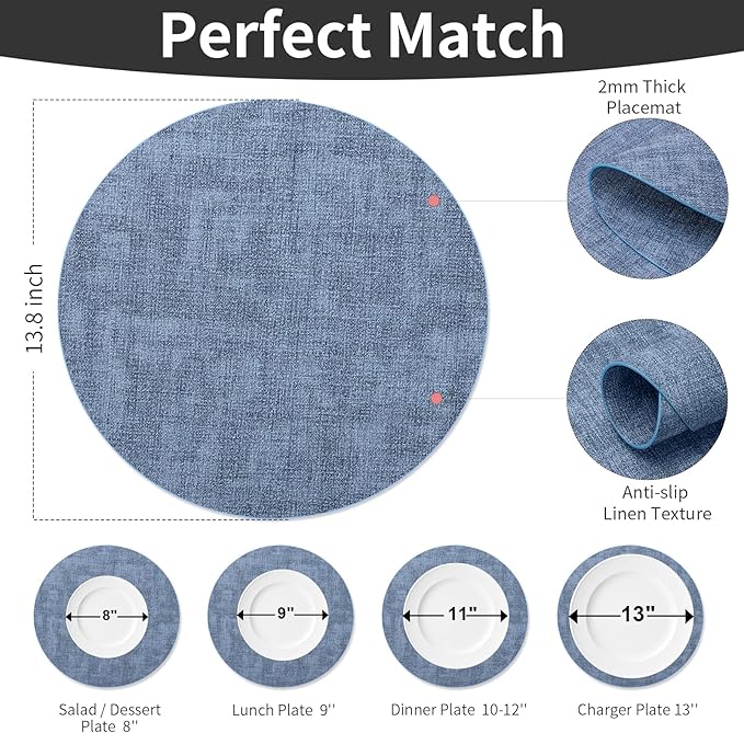 Maxpearl Round Placemats Set of 6, 13.8 inch Faux Leather Heat Resistant Table Mats, Non Slip Waterproof Wipeable Place Mats for Kitchen Dining Holiday Party Table Settings, Blue
