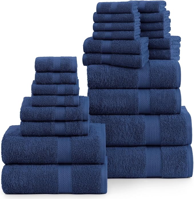 LANE LINEN 24 PCs Bath Towel Set - 2 Bath Sheets, 4 Bath Towels, 4 Fingertip, 8 Washcloths, 6 Hand Towels - 100% Ring Spun Cotton - Highly Absorbent Towels for Bathroom, Gym, Hotel & Spa - Navy Blue