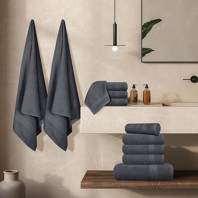 GLAMBURG Ultra Soft 24-Piece Towel Set - 100% Pure Ringspun Cotton, Contains 8 Oversized Bath Towels 27x54, 8 Hand Towels 16x28, 8 Wash Cloths 13x13- Ideal for Everyday use, Hotel & Spa- Charcoal Grey