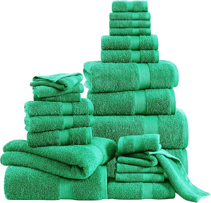LANE LINEN Bath Towel Set - 24 PCs - Durable, Absorbent, Soft & Quick Dry - 100% Ring Spun Cotton Towels Set - 4 Bath, 4 Fingertip, 6 Hand Towel, 8 Washcloth, 2 Bath Sheet Set - Emerald