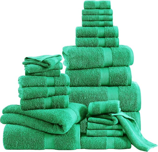 LANE LINEN Bath Towel Set - 24 PCs - Durable, Absorbent, Soft & Quick Dry - 100% Ring Spun Cotton Towels Set - 4 Bath, 4 Fingertip, 6 Hand Towel, 8 Washcloth, 2 Bath Sheet Set - Emerald