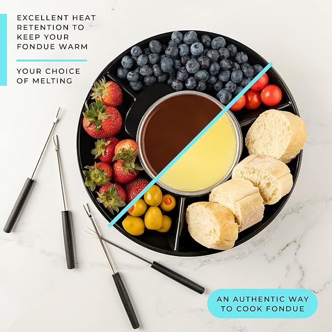 Kusini Electric Fondue Pot Set - Chocolate Fondue Kit - Temperature Control, Detachable Serving Trays, & 4 Roasting Forks - Gift Set & Date Night Idea. Serve at Movie Night or Game Night.