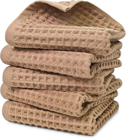 Jacquotha Waffle Bathroom Hand Towels 5-Piece (Tan) – Cotton, Soft, Lightweight, Lint Free, 13” x 29”