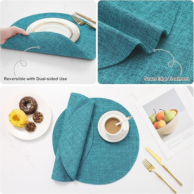 homing 15 Inch Round Cloth Placemats Set of 6, Cotton Linen Blend Washable Table Mats, Farmhouse Dining Place Mats for Indoors & Outdoors, Easy to Clean, Teal