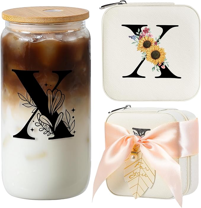 AYGXU Personalized gifts for bridesmaid,16oz glass cups with lids and straws,Jewelry Organizer,Graduation Travel Gifts for Women,Personalized Travel Mini Jewelry Case,Initial X white