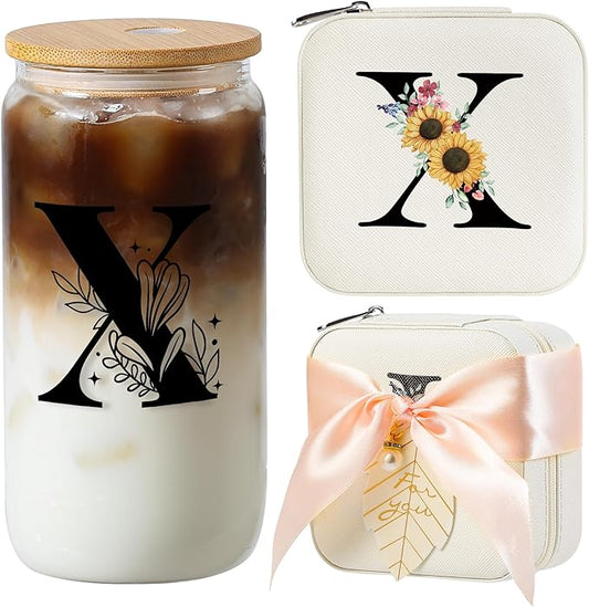 AYGXU Personalized gifts for bridesmaid,16oz glass cups with lids and straws,Jewelry Organizer,Graduation Travel Gifts for Women,Personalized Travel Mini Jewelry Case,Initial X white