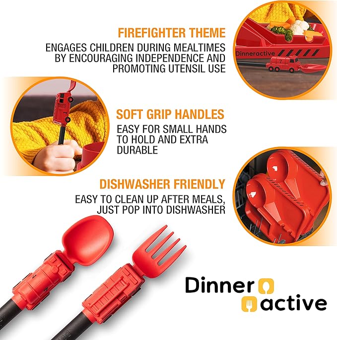 Dinneractive Utensil Set for Kids – Red Firefighter Themed Fork and Spoon for Toddlers and Young Children – 2-Piece Set