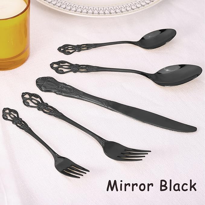 40 Piece Gorgeous Retro Royal Black Silverware Set for 8, Premium Stainless Steel Flatware Set with gift box, Mirror Polished Cutlery Set Including Spoons and Forks, Vintage Utensils, Dishwasher Safe