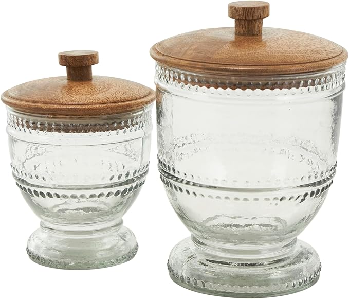 Deco 79 Glass Living Room Decorative Jars Beaded Decorative Container with Wood Lids, Set of 2 Jar with Lid 8", 7"H, Clear