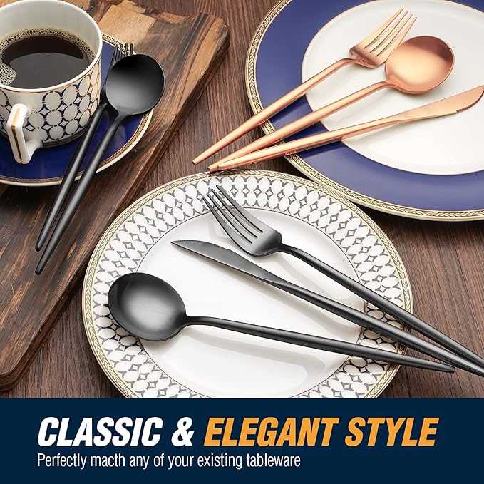 BirdyFly Black Silverware Set, 20 Piece Stainless Steel Flatware Set Service for 4, Matte Black Cutlery Set, Include Knives/Forks/Spoons, Dishwasher Safe