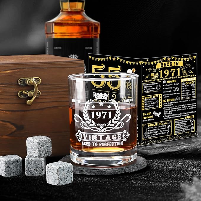 YeohJoy 55th Birthday Gifts for Men,Vintage 1971 Whiskey Glass Set,Wood Box &1971 Poster Anniversary Card & Whiskey Stones & Coaster,Bday Gifts Ideas for Him, Dad, Husband