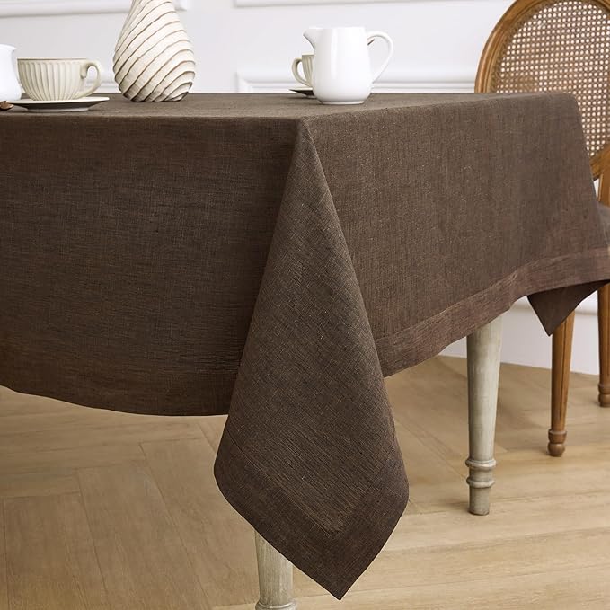 Solino Home Linen Tablecloth 54 x 72 Inch - 100% Pure Linen Chambray Brown Table Cloth for Rectangular Tables - Athena, Machine Washable Cloth Tablecloth