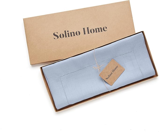 Solino Home Linen Sky Blue Table Runner 60 Inches - Classic Hemstitch, 100% Pure Linen Coffee Table Runner 14 x 60 Inch Ideal for Dresser Tables - Holiday, New Year