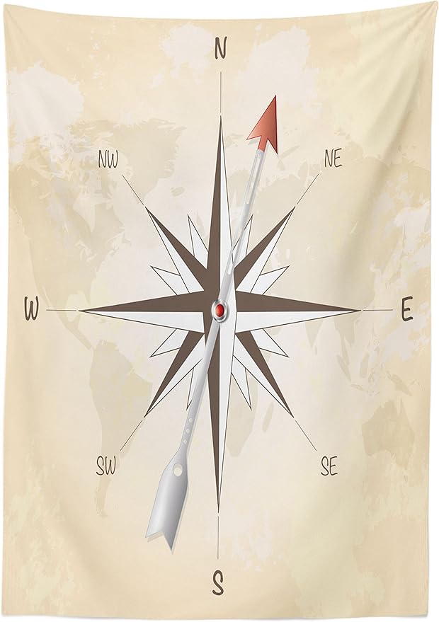 Ambesonne Compass Tablecloth, Antique Device Rose with an Arrow on Vintage and Grungy Background Travel and Navigation, Rectangular Table Cover for Dining Room Kitchen Decor, 60" X 84", Taupe Cream