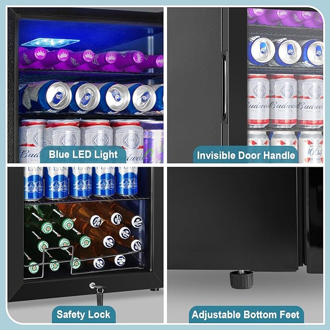 Beverage Refrigerator Cooler, 128 Cans 3.2 Cu.Ft Mini Fridge Glass Door for Drink Beer Soda Wine, Small Fridge with 4 Adjustable Removable Shelves for Kitchen, Bedroom, Office, Bar, Gaming Room, Black