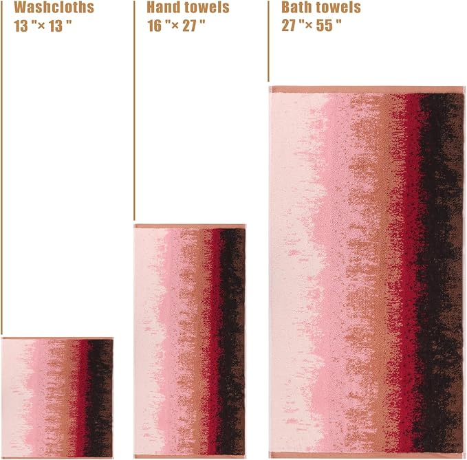 SEMAXE 18-Pack Bath Towel Set Include 6 Bath Towels, 6 Hand Towels, 6 Wash Cloths, 100% Cotton Bathroom Towels with Hanging Loops and Nano-Bio Lifecycle Labels, Colorful Towel - Sunset Collection