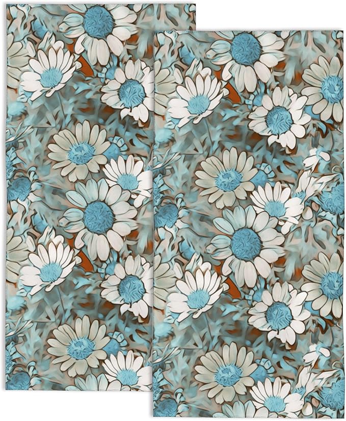Teal Daisy Flowers Hand Towels for Bathroom,Field Flowers Hand Towel Set of 2 Face Washcloths Fingertip Kitchen Towels 28 x 14 Inch Soft Towels for Gym Hotel