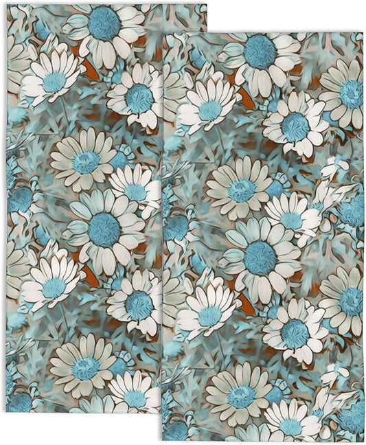 Teal Daisy Flowers Hand Towels for Bathroom,Field Flowers Hand Towel Set of 2 Face Washcloths Fingertip Kitchen Towels 28 x 14 Inch Soft Towels for Gym Hotel