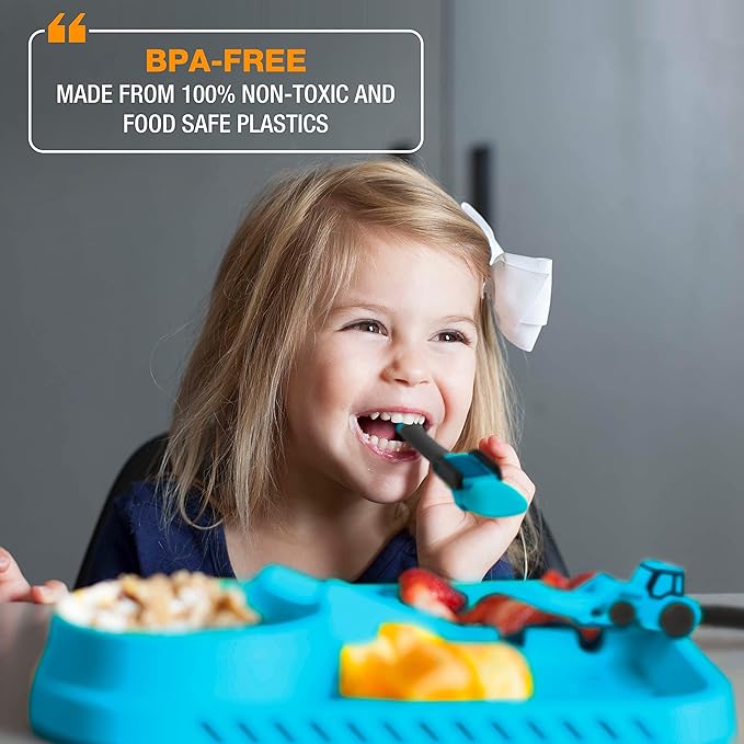 Dinneractive 3-Piece Construction Themed Toddler Utensils & Plates - Toddler Forks, Spoons & Divided Plates - Blue, Vehicle Pattern