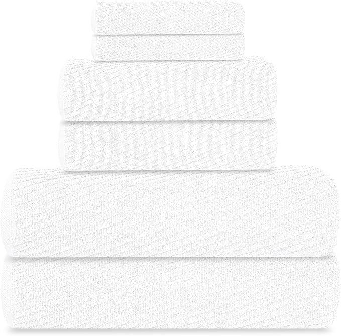 Tens Towels Pack of 6 Zero Twist Towels Set, 2 Bath, 2 Hand, 2 Waschloths, 100% Cotton, Light Weight, Extra Absorbent, Exceptional Softness, Perfect for Bathroom (White)