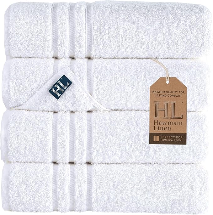 Hawmam Linen White Bath Towels 4 Pack 27 x 54 Inches 100% Turkish Cotton Soft Lightweight and Highly Absorbent Quick Drying Towels, Premium Quality Perfect for Daily Use