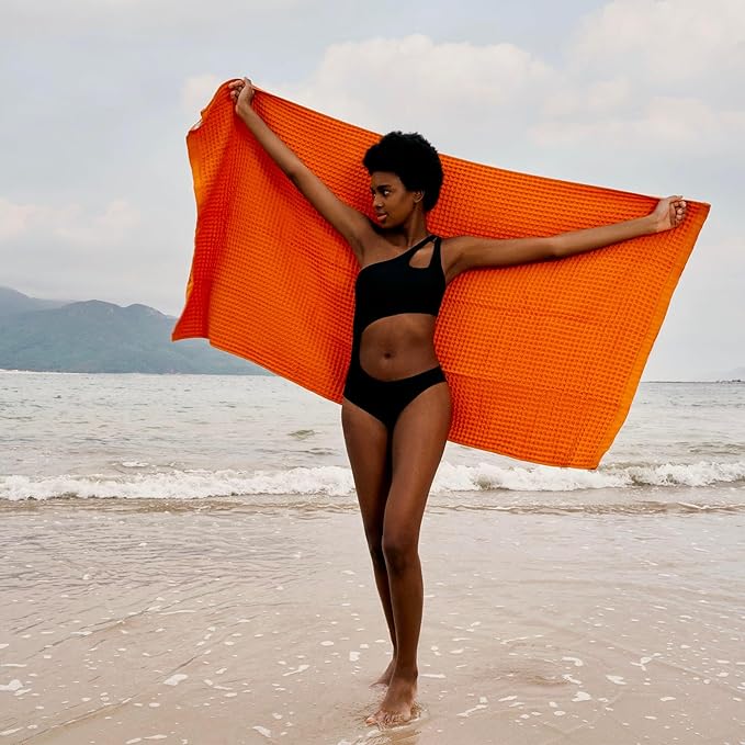 Luxury Organic Japanese Cotton Waffle Bath Towel | Thick, Absorbent, Quick Dry Bathroom Towels for Shower, Sauna, Onsen| Hotel & Spa Quality, Gift-Ready (Coral Orange, Bath Towel (Set of 2))