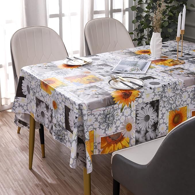 Heavy Duty Vinyl Tablecloth with Flannel Backing Waterproof Oil-Proof Plastic Table Cloth Stain-Resistant Wipeable Rectangle or Square Table Cover for Indoor and Outdoor ( Sunflower, 60X102 Inch)