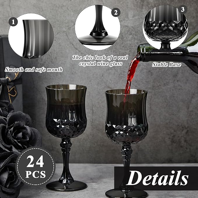 Pinkunn 24 Pcs 7 oz Plastic Vintage Wine Glasses Reusable Colored Goblets Patterned Drinking Water Glasses Cup Dishwasher Safe for Christmas Wedding Reception Party Supplies (Black)