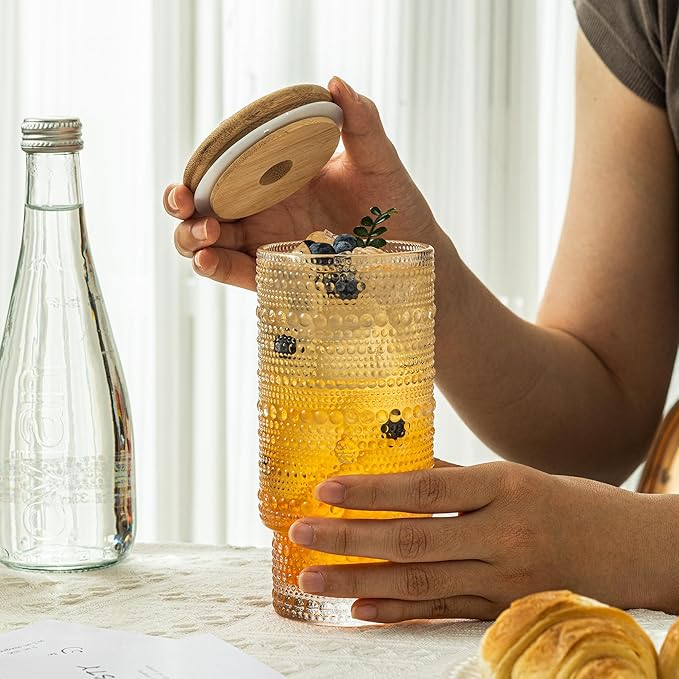 Romantic Highball Drinking Glasses Set of 4 , Beaded Glassware,16 oz Glasses Cups Set with Bamboo Lids Straws Brush Hobnail Glassware Set for Juice , Iced Coffee , Beer and Cocktail Whiskey,Soda