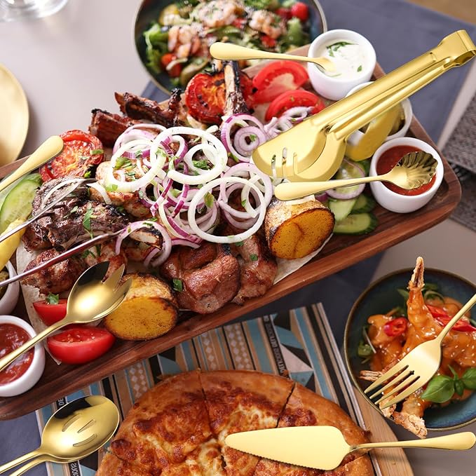 A· HOUSEWARE Gold Kitchen Utensils Serving Set 10 Piece Catering Silverware Stainless Steel Flatware for Buffet Party include Tong Serving Spatula Skimmer Ladles Big Fork Cheese Knife Dessert Spoon